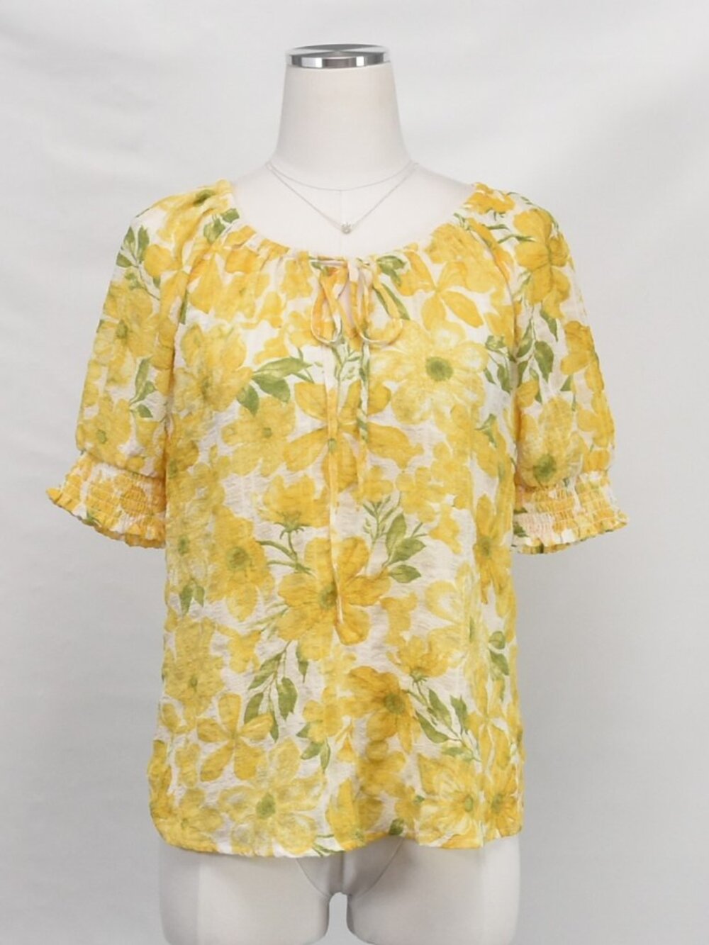 Yellow Floral Peasant Blouse Smocked Short Sleeve Boho Top